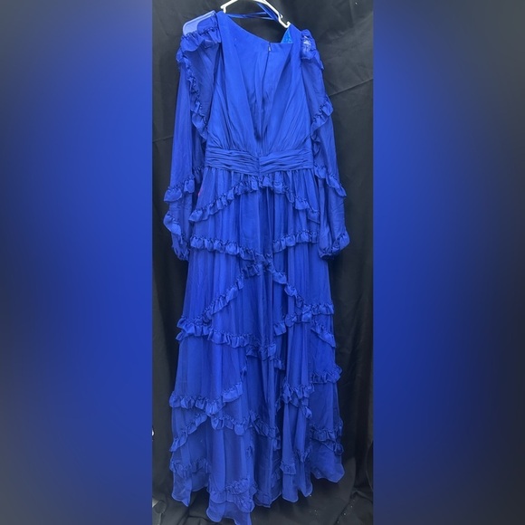 Mac Duggal A68223 NWT Blue Cascade Ruffle Puff Sleeve A Line Gown - Picture 5 of 10